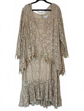 Roaman's Women's Plus Size 2-Piece Lace Dress Set Size 32W Gold